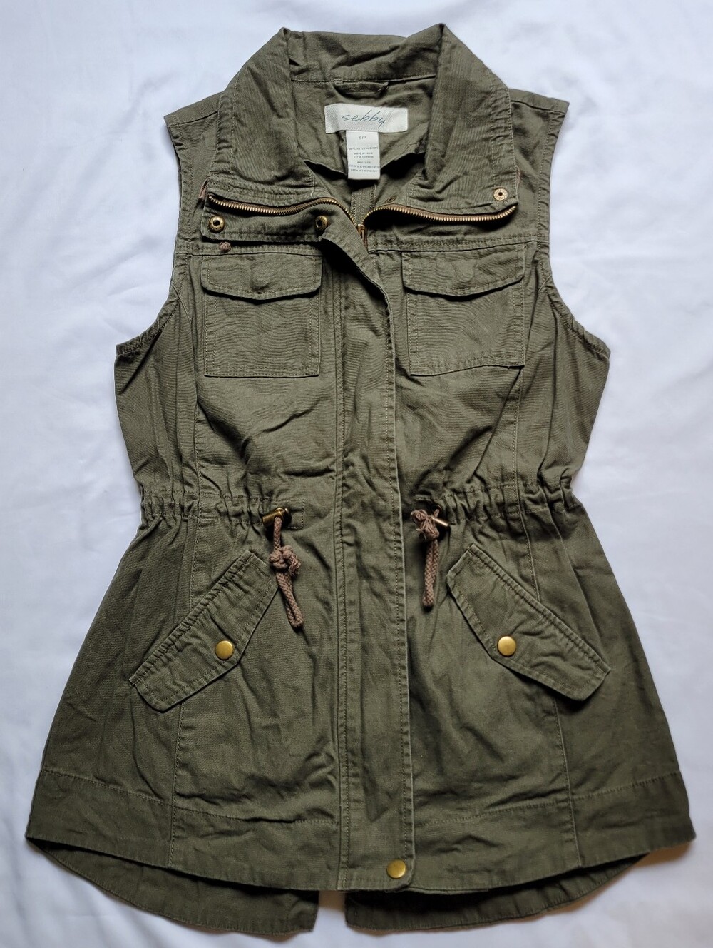 Sebby Womens Small Green Utility Vest Sleeveless Pockets Drawstring Waist